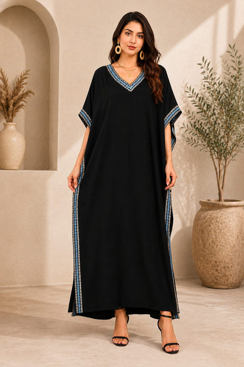 Women’s Embroidered V-Neck Kaftan Dress – Long Boho Beach Cover-Up with Batwing Sleeves