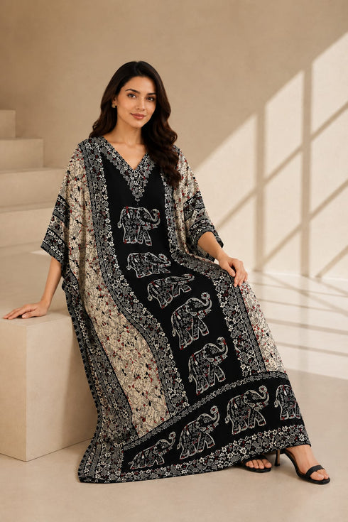 Women’s Pink Elephant Brown Kaftan Dress – Long Free-Size Batwing Maxi Cover-Up with Adjustable Strap