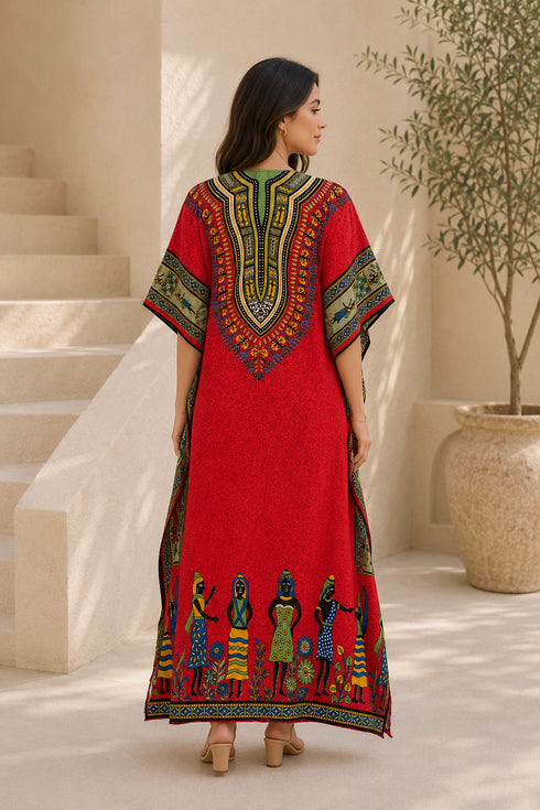 Women’s Tribal Print Kaftan Dress – Free-Size V-Neck Maxi Beach Cover-Up with Batwing Sleeves