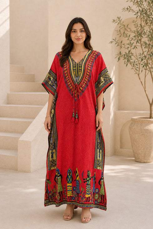 Women’s Tribal Print Kaftan Dress – Free-Size V-Neck Maxi Beach Cover-Up with Batwing Sleeves