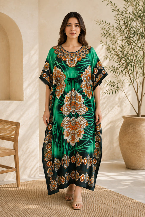 PMOYO Women’s Lotus Print Kaftan Dress – Free-Size Boho Maxi Beach Cover-Up with Drawstring Waist