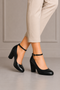 Women's Black Matte Ankle Strap Block Heel Court Shoes Round Toe 1829