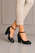 Women's Black Matte Ankle Strap Block Heel Court Shoes Round Toe 1829