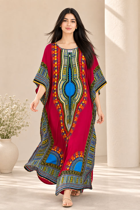 Women’s 100% Cotton African Print Kaftan Dress – Plus Size Dashiki Beach Cover-Up with Pockets
