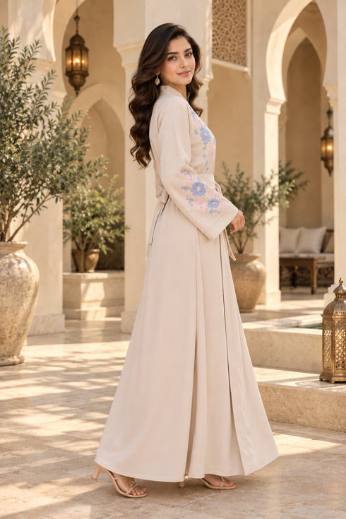 Women’s Beige Floral Embroidered Abaya Maxi Dress with Belt