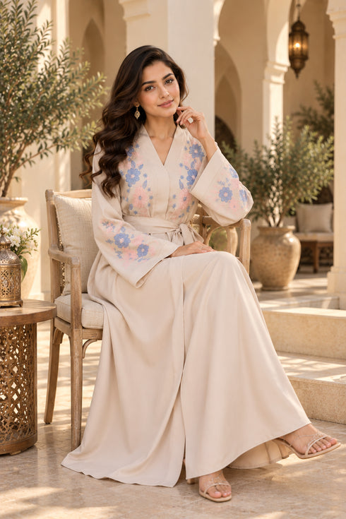 Women’s Beige Floral Embroidered Abaya Maxi Dress with Belt