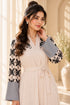 Women’s Beige Abaya Maxi Dress with Floral Sleeves and Belt