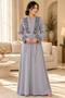 Women’s Light Grey Embroidered Abaya Maxi Dress with Belt