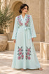 Women’s Mint Floral Embroidered Maxi Dress with Long Sleeves and Belt