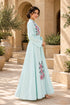 Women’s Mint Floral Embroidered Maxi Dress with Long Sleeves and Belt