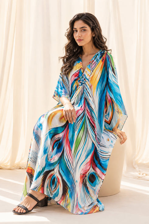 Women’s Soft Boho Print Kaftan Dress – Long V-Neck Beach and Swimwear Cover-Up