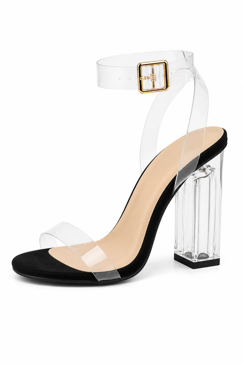 Women's Black Suede Clear Strap Block Perspex High Heel Sandals-BS-71