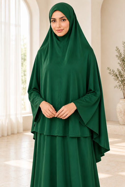 Women’s Two-Piece Prayer Set with Short Khimar and Elastic Waist Skirt