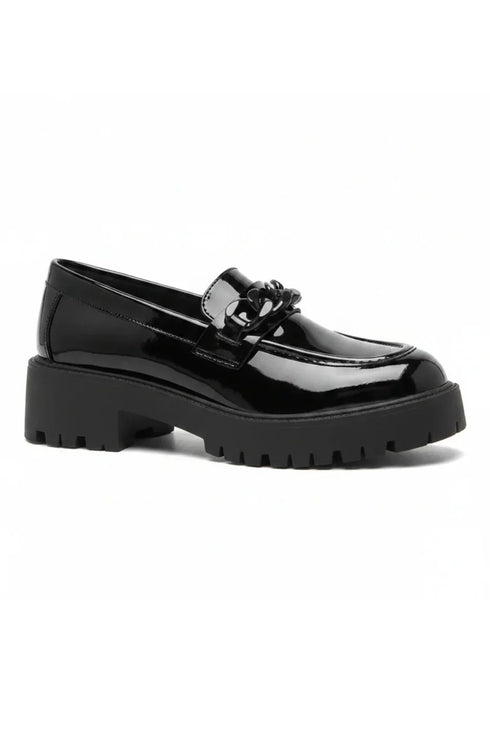 Girls' Back to School Black Patent Loafers 22983 — Chain Detailing