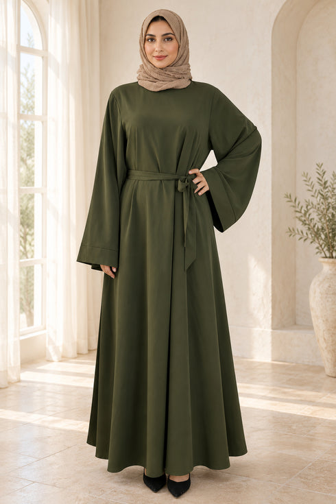 Women’s Plain Abaya Maxi Dress with Long Sleeves and Self-Tie Belt