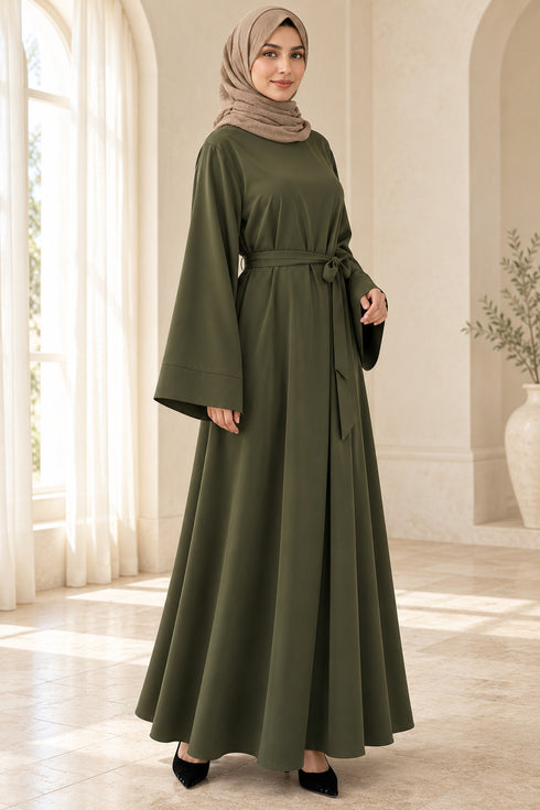 Women’s Plain Abaya Maxi Dress with Long Sleeves and Self-Tie Belt