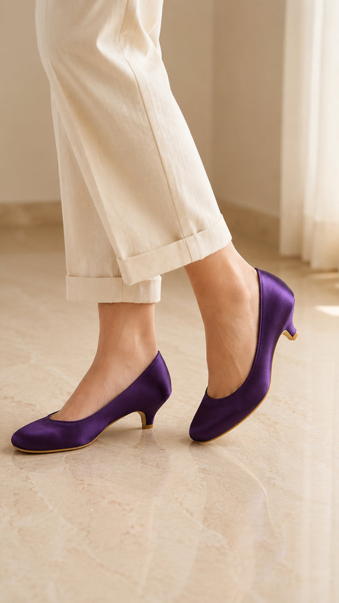 Women Round Toe Kitten Heel Shoes Purple Satin G-20