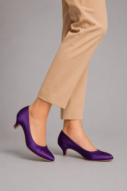 Women Round Toe Kitten Heel Shoes Purple Satin G-20