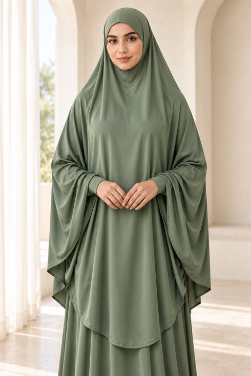 Women’s Two-Piece Prayer Set with Short Khimar and Elastic Waist Skirt