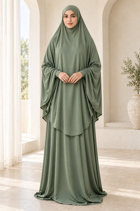 Women’s Two-Piece Prayer Set with Short Khimar and Elastic Waist Skirt