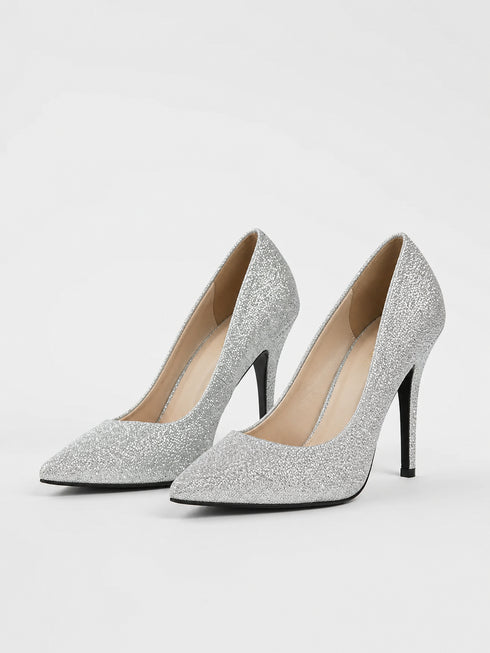 Silver Glitter Pointed Toe Stiletto High Heel Court Shoes 5 Inch – BS-12923
