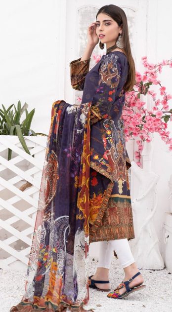 Esha 3 Pcs Frock Digital Printed Lawn with Chiffon Dupatta - BE110