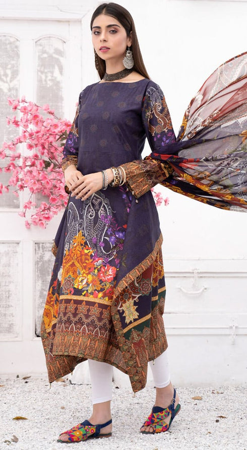 Esha 3 Pcs Frock Digital Printed Lawn with Chiffon Dupatta - BE110
