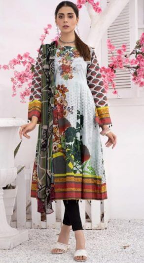 Esha 3 Pcs Frock Digital Printed Lawn with Chiffon Dupatta - BE114