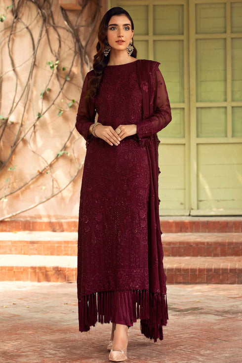 Farasha Embroidered Chiffon 3 Piece suit Sangria