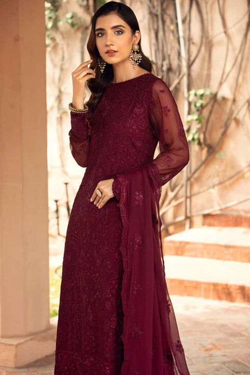 Farasha Embroidered Chiffon 3 Piece suit Sangria