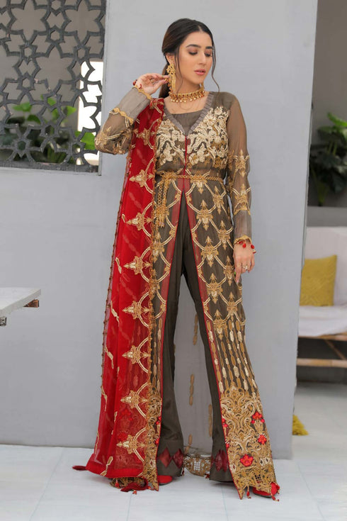 Areesha Embroiderer Chiffon 3 Piece Suit Brown Red
