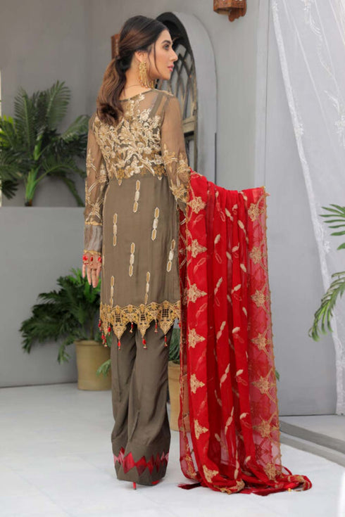 Areesha Embroiderer Chiffon 3 Piece Suit Brown Red