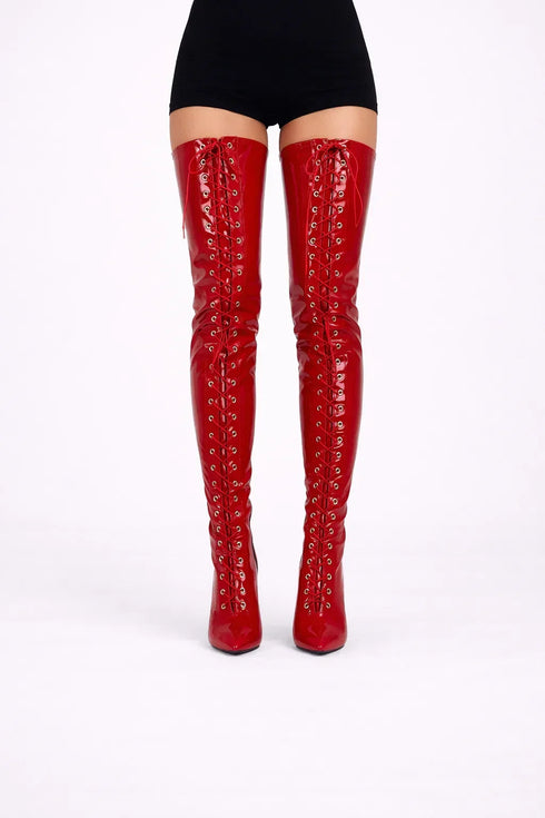 Women's Red Patent Thigh High Over The Knee Front Lace Up Stiletto Boots 11720