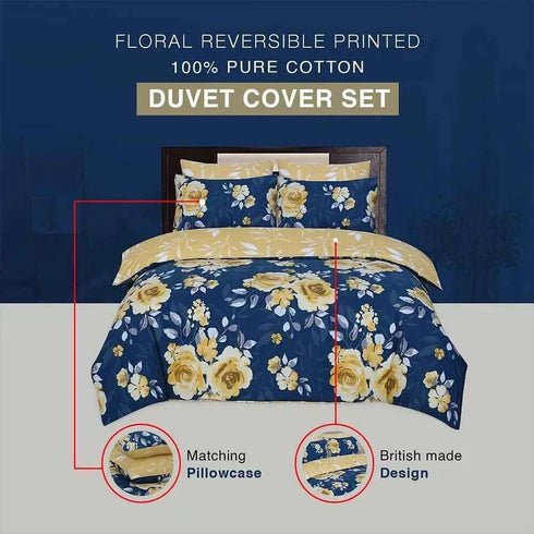Pure Cotton Printed Duvet Cover - Premium Quality - Navy Mustard Roses