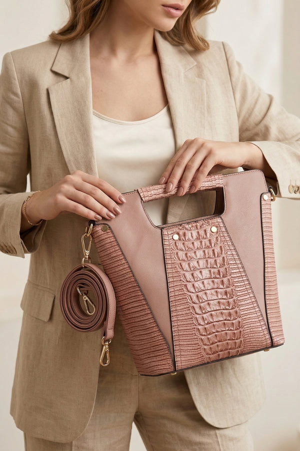 Faux Crocodile Rock N Roll V Handbag - Pink
