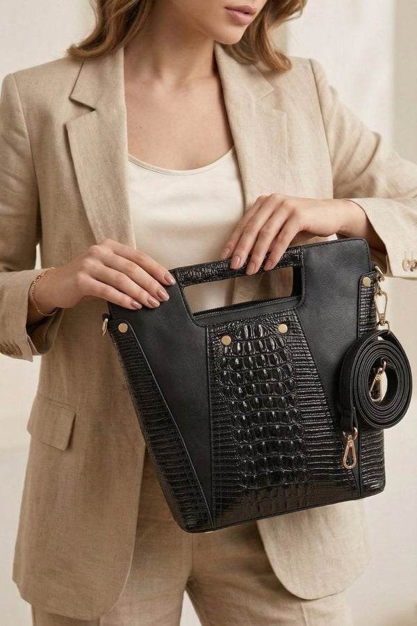 Faux Crocodile Rock N Roll V Handbag - Black