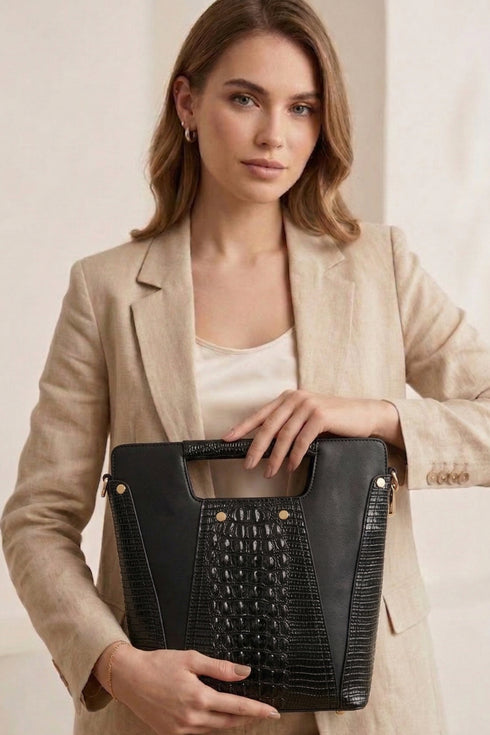 Faux Crocodile Rock N Roll V Handbag - Black