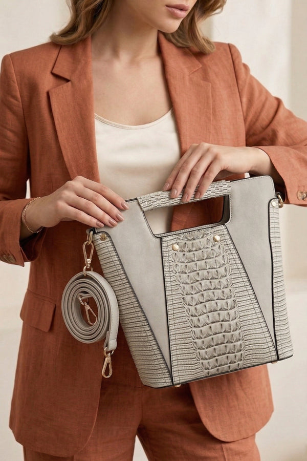 Faux Crocodile Rock N Roll V Handbag - Grey