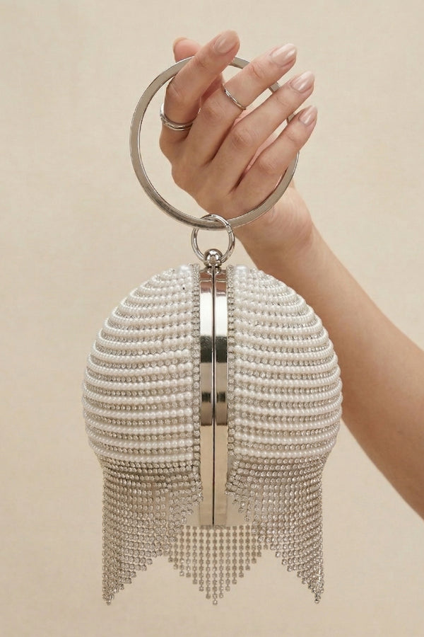 Womens Sparkling Crystal Fringed Ball Shape Party Bag