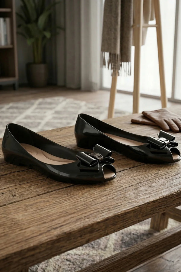 Womens Black Patent Jelly Ballet Flats with Bow – Ladies Comfy Slip-On Shoes Casual Wear Every-Day Jelly Ballerina Pumps