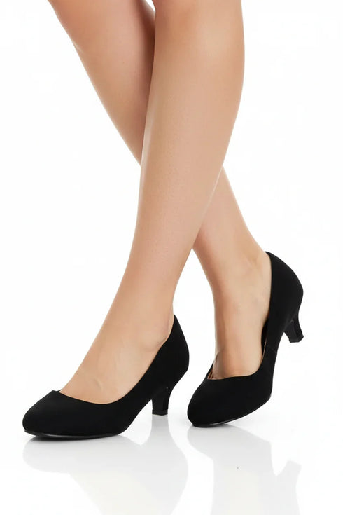 Women's Black Suede Low Kitten Heel Court Shoes Round Toe — G20