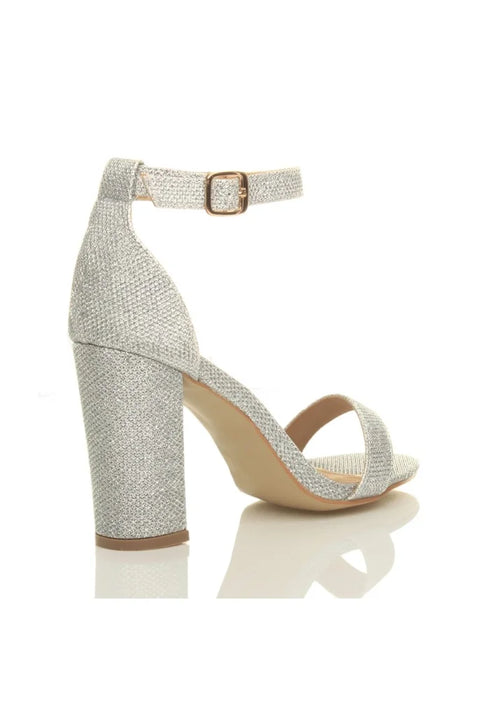 Silver Block Heel Ankle Strap Sandals Peep Toe Buckle Glitter Mesh - G-1810