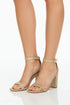 Women's Gold Block Heel Ankle Strap Sandals Peep Toe Buckle Glitter Mesh
