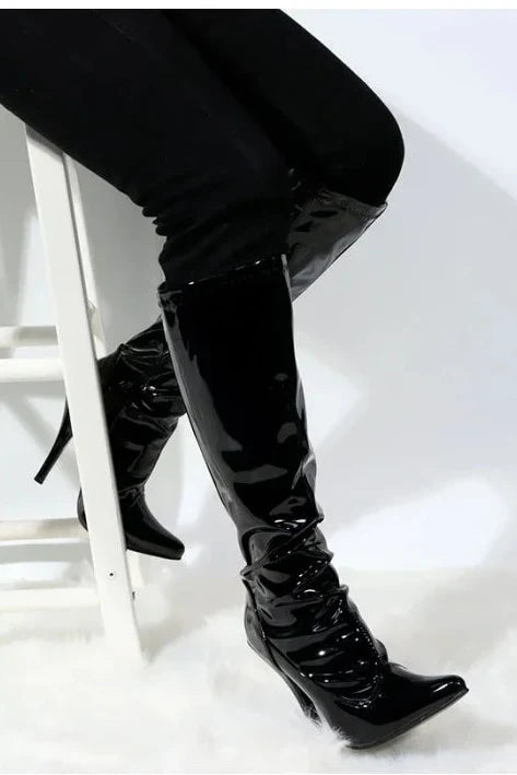 Women's Black Pointed Toe Thigh High Boots Stiletto Heel Patent Leather Zip G-151