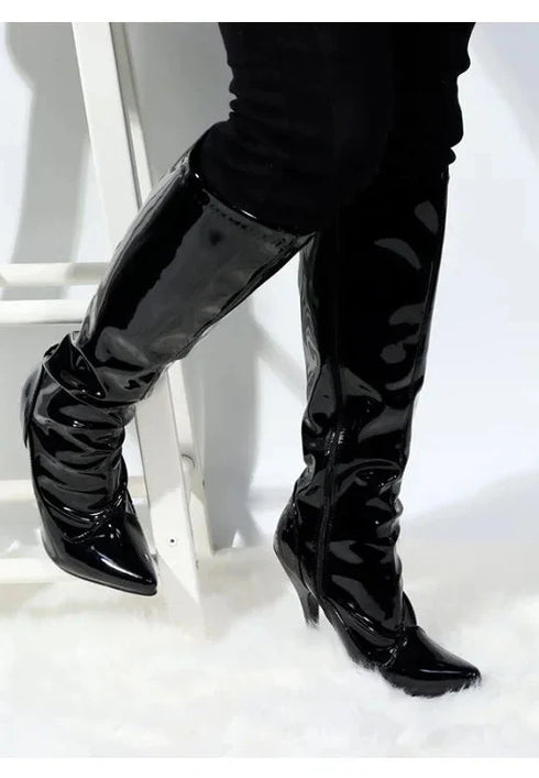 Women's Black Pointed Toe Thigh High Boots Stiletto Heel Patent Leather Zip G-151