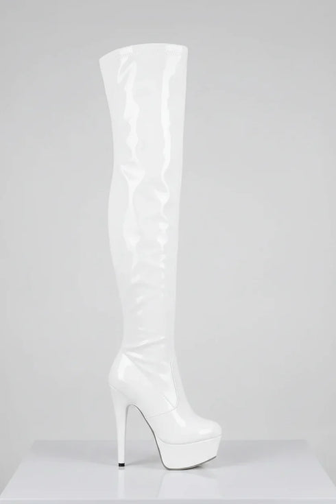 Women's White Patent Thigh High Over The Knee Stiletto Boots Zip 14777
