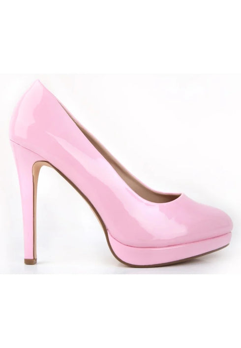 Women's Pink Patent Round Toe High Heel Court Shoes