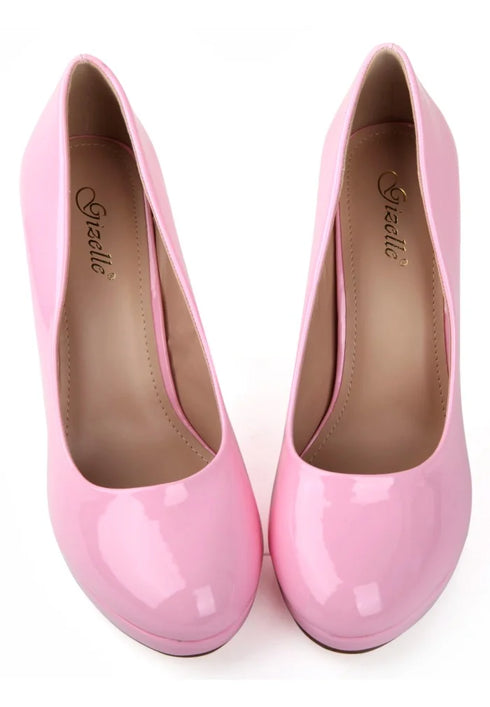 Women's Pink Patent Round Toe High Heel Court Shoes