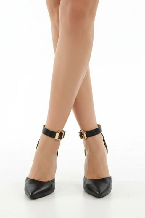 Pointy Toe Stiletto ankle strape court shoes Black Matte 221