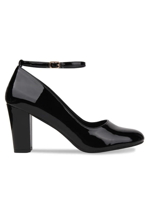 Black Ankle Strap Block Heel Court Shoes– G-1829